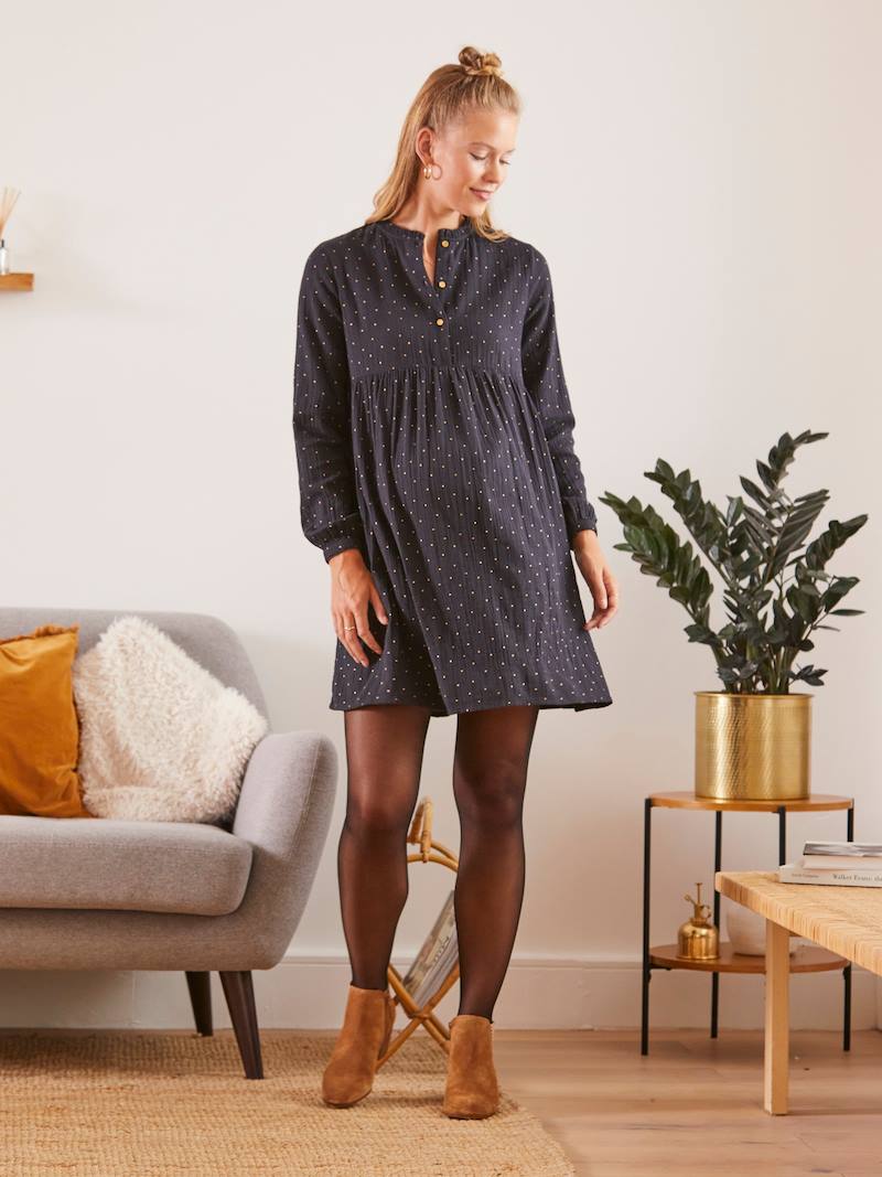 Dress in Printed Cotton Gauze, Maternity & Nursing Special grey dark