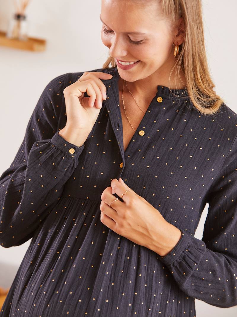 Dress in Printed Cotton Gauze, Maternity & Nursing Special grey dark