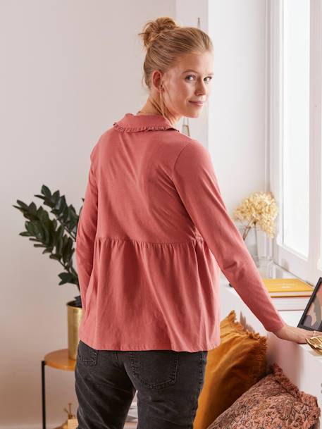Top with Ruffle on the Neckline, Maternity & Nursing Special PINK DARK SOLID 