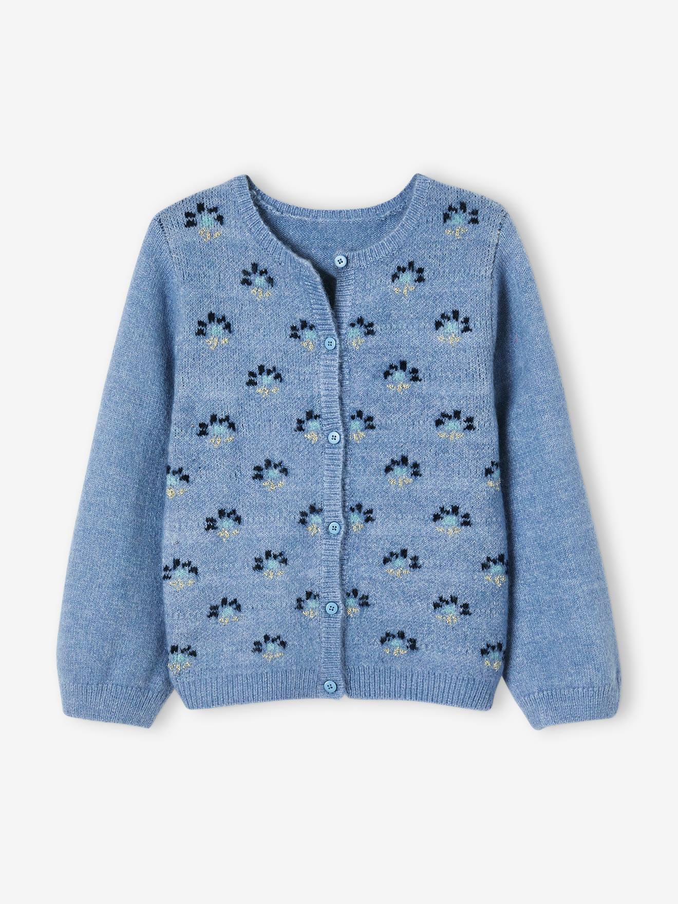 Jacquard Cardigan, Printed Flowers Enhanced by Shimmery Thread, for Girls -  blue medium solid