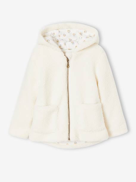 Hooded Jacket with Zip, in Sherpa, for Girls - white light solid, Girls ...