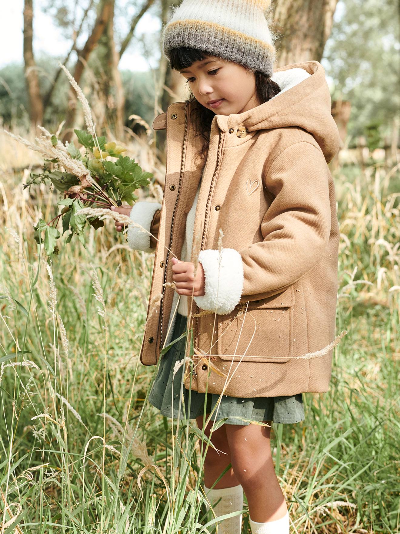 Woollen Coat with Hood & Sherpa Lining for Girls beige medium solid with decor
