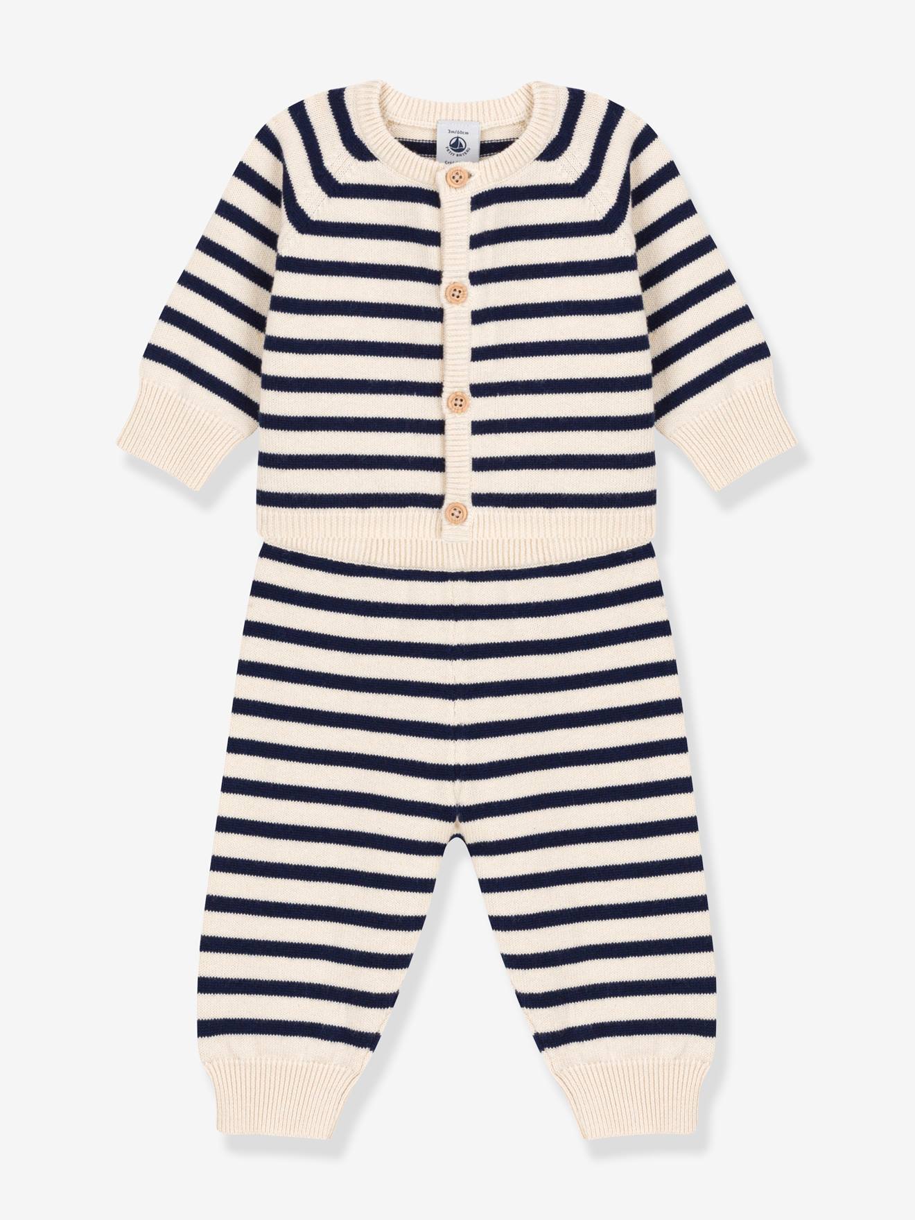 Striped 2-Piece Set for Babies, in Wool & Cotton Knit, by Petit Bateau printed white