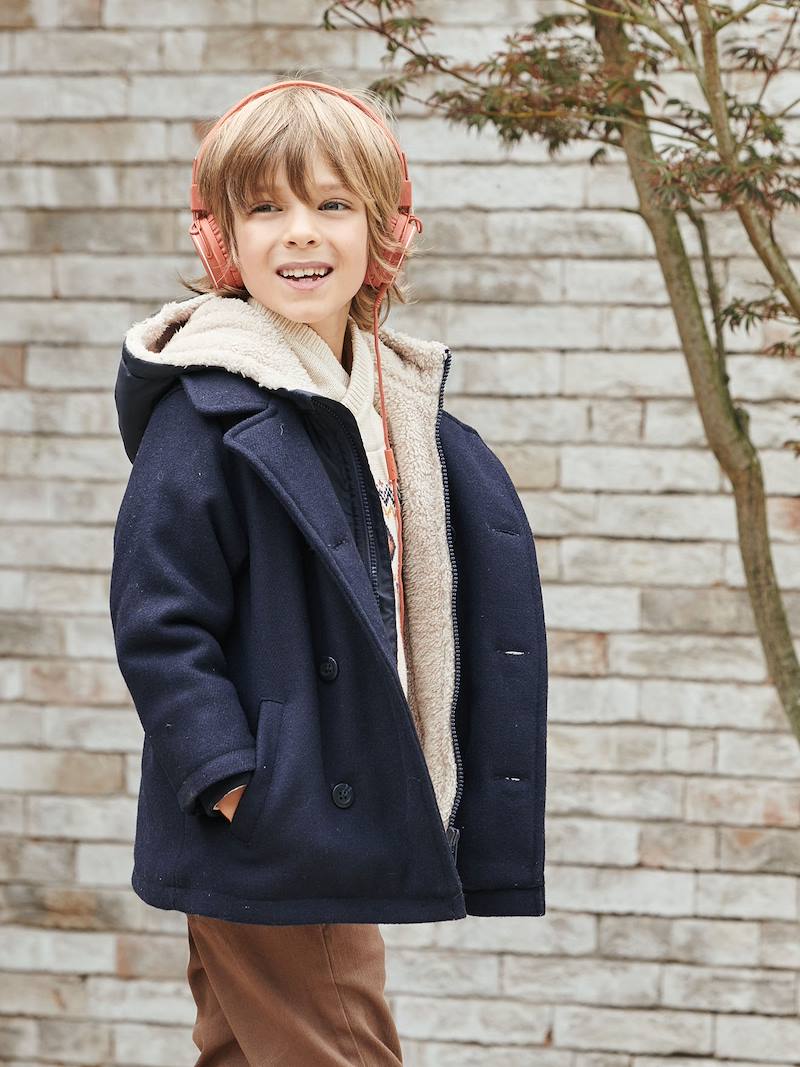 Peacoat with Hood & Sherpa Lining for Boys blue dark solid with