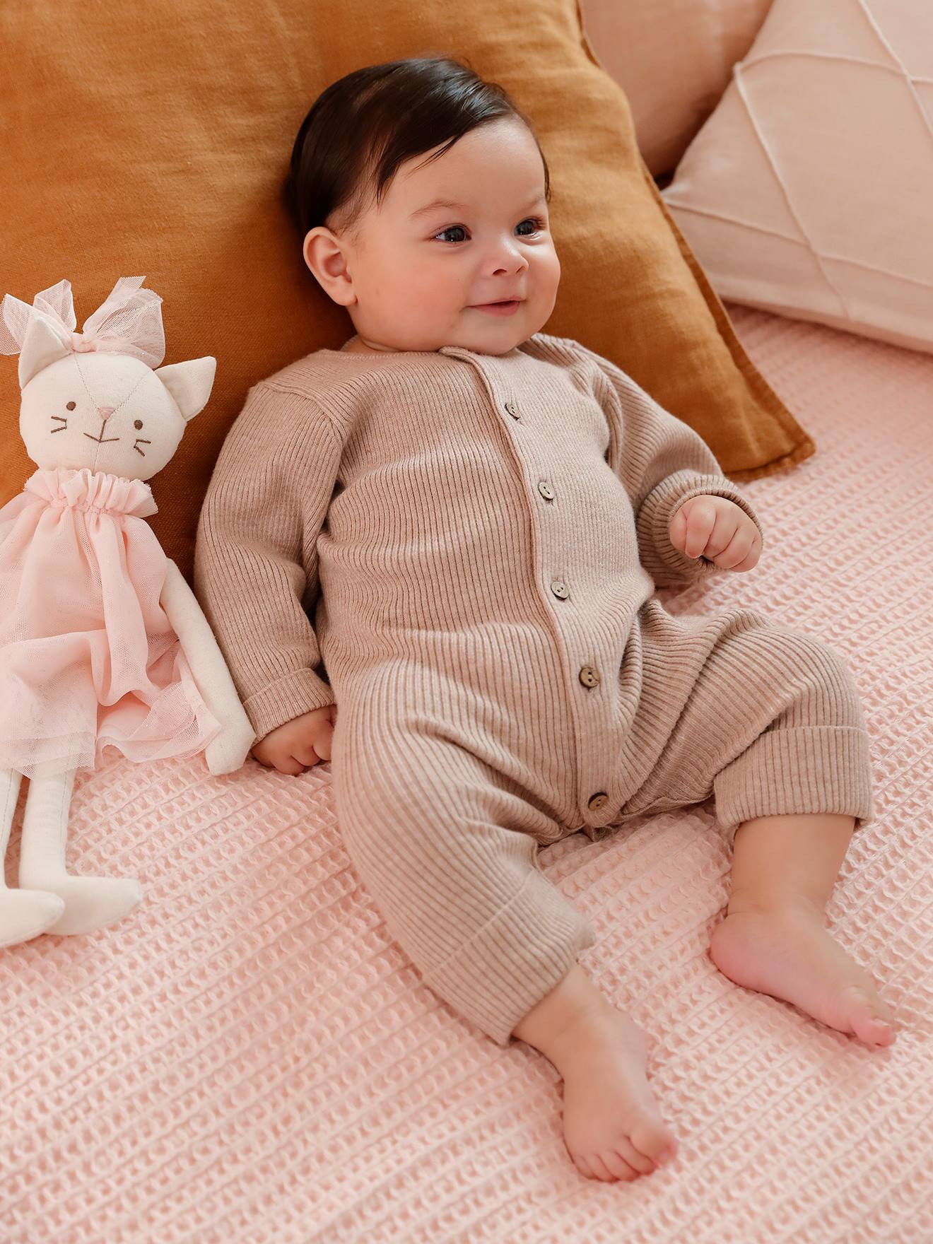 Long Sleeve Jumpsuit in Rib Knit for Babies beige