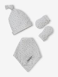 Baby-Accessories-Beanie + Mittens + Scarf + Pouch in Printed Jersey Knit, for Baby Girls