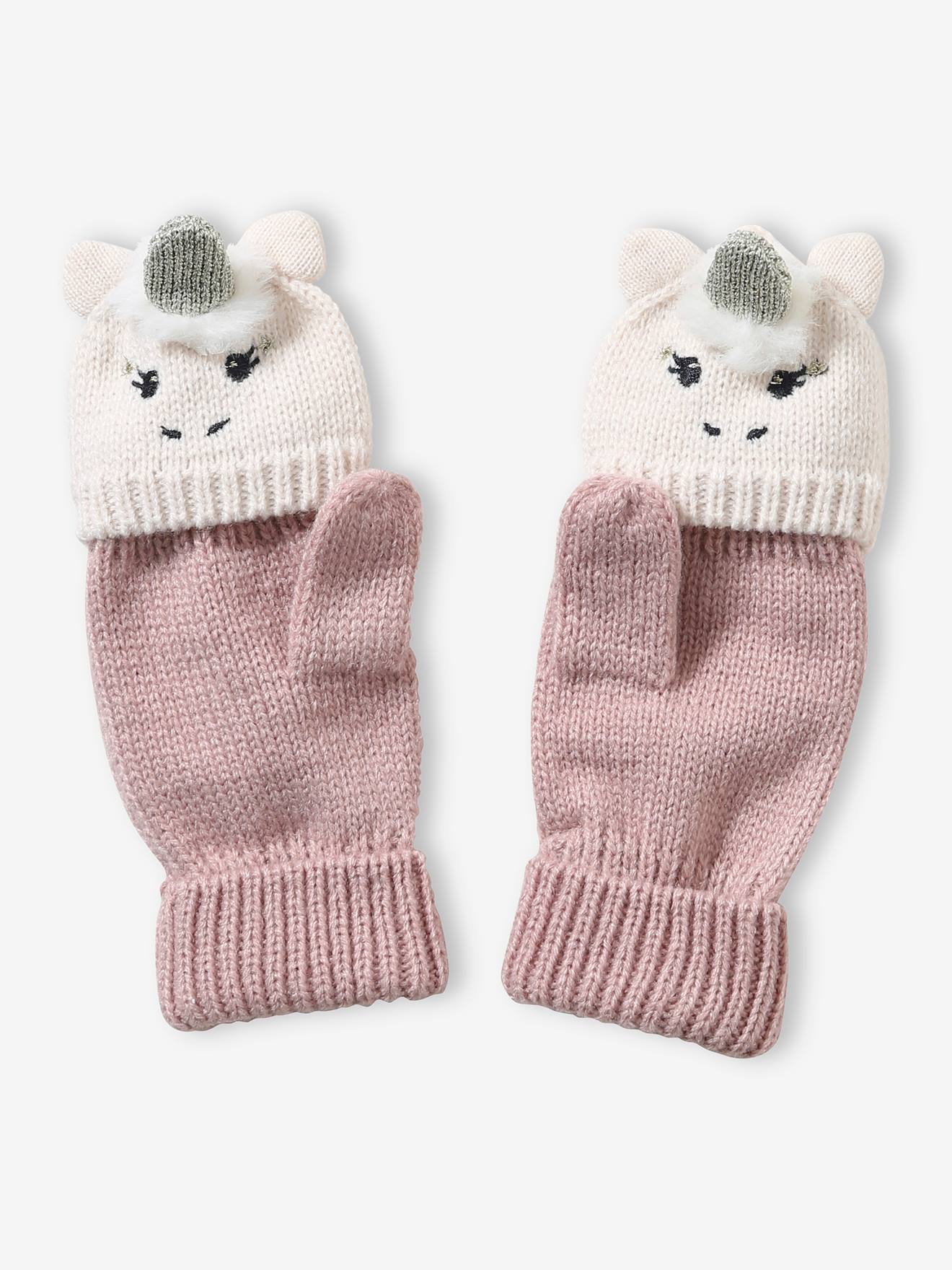 Knitted Unicorn Mittens/Gloves for Girls pink light solid with design