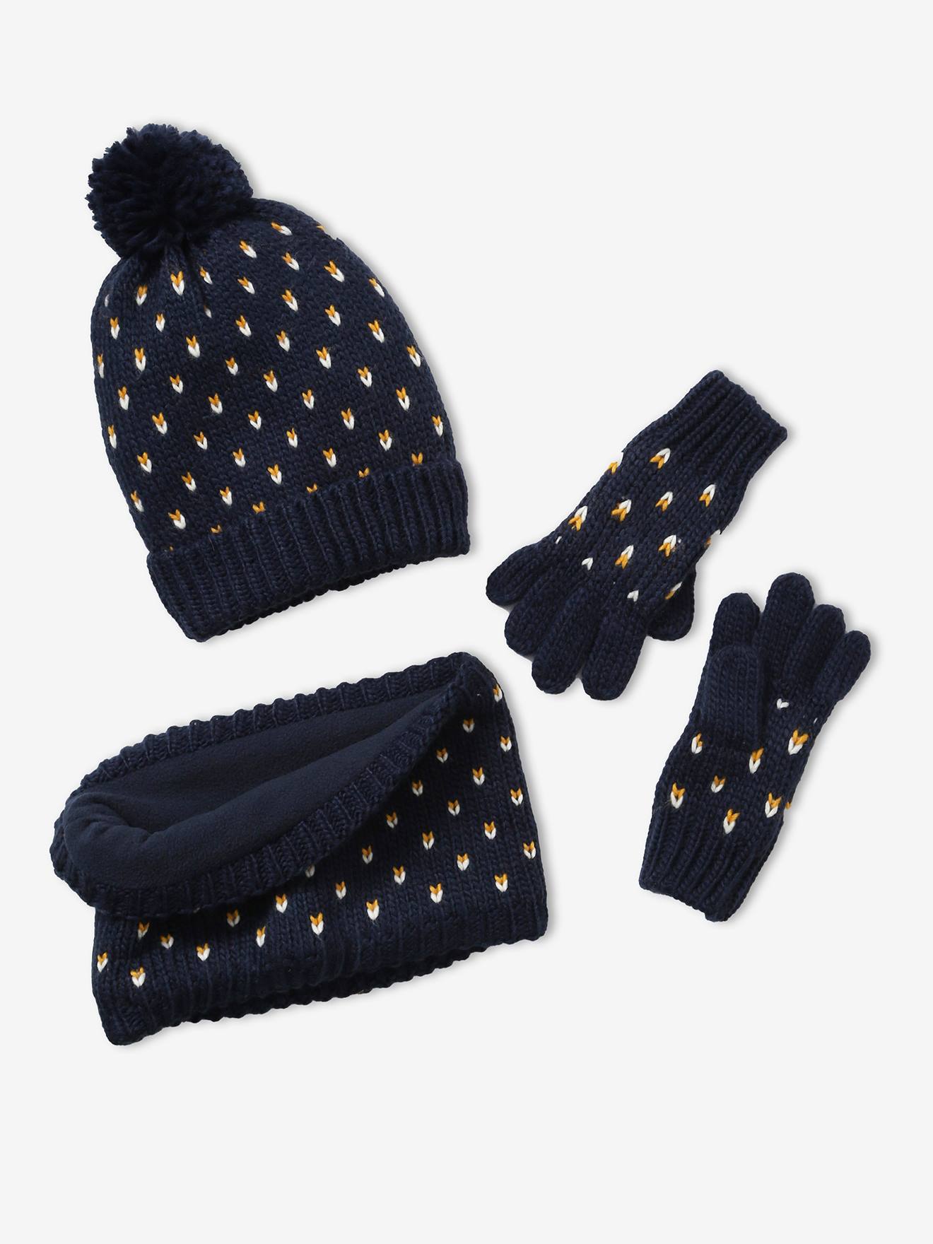 Beanie + Snood + Gloves with Hearts Set for Girls blue dark all over printed