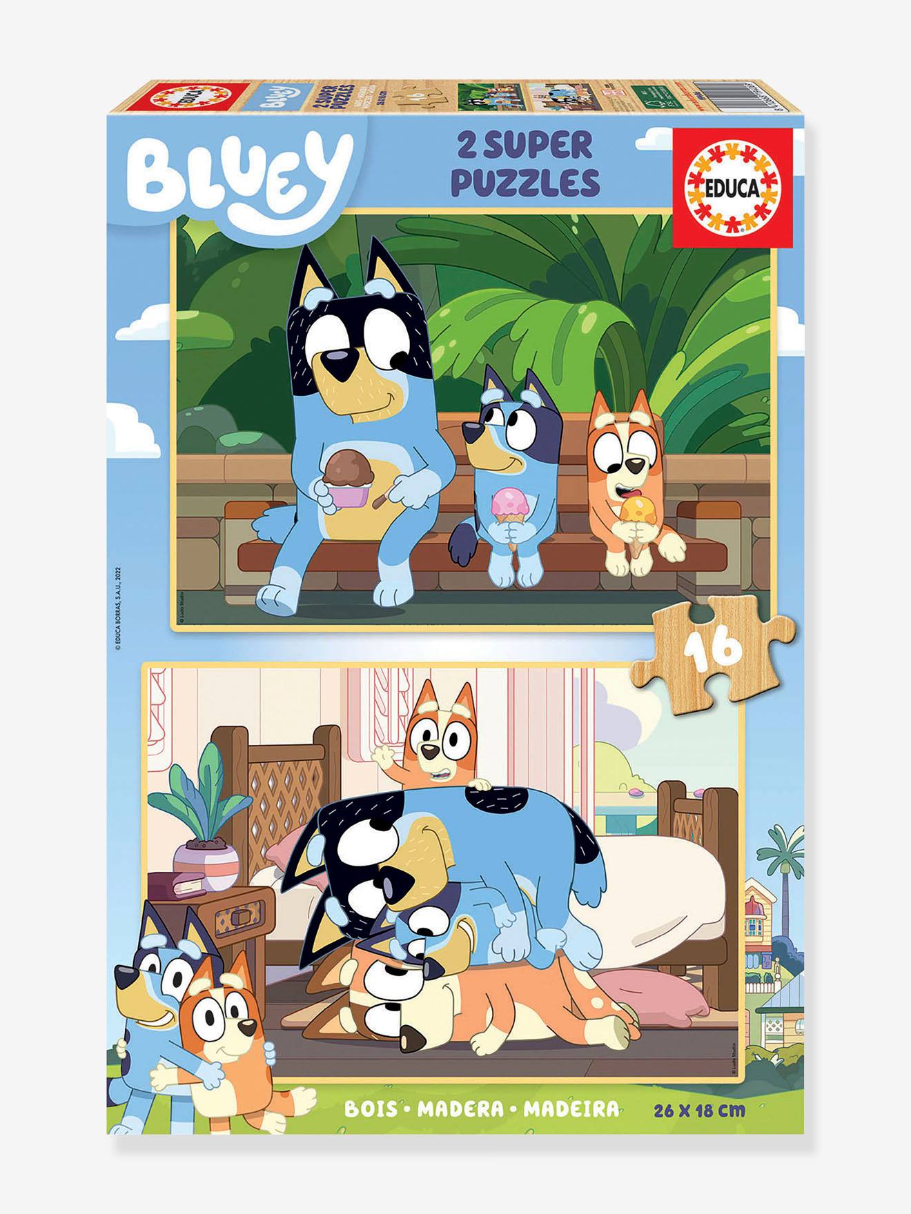 2 Wooden Super Puzzles, 16 Pieces - Bluey - EDUCA blue