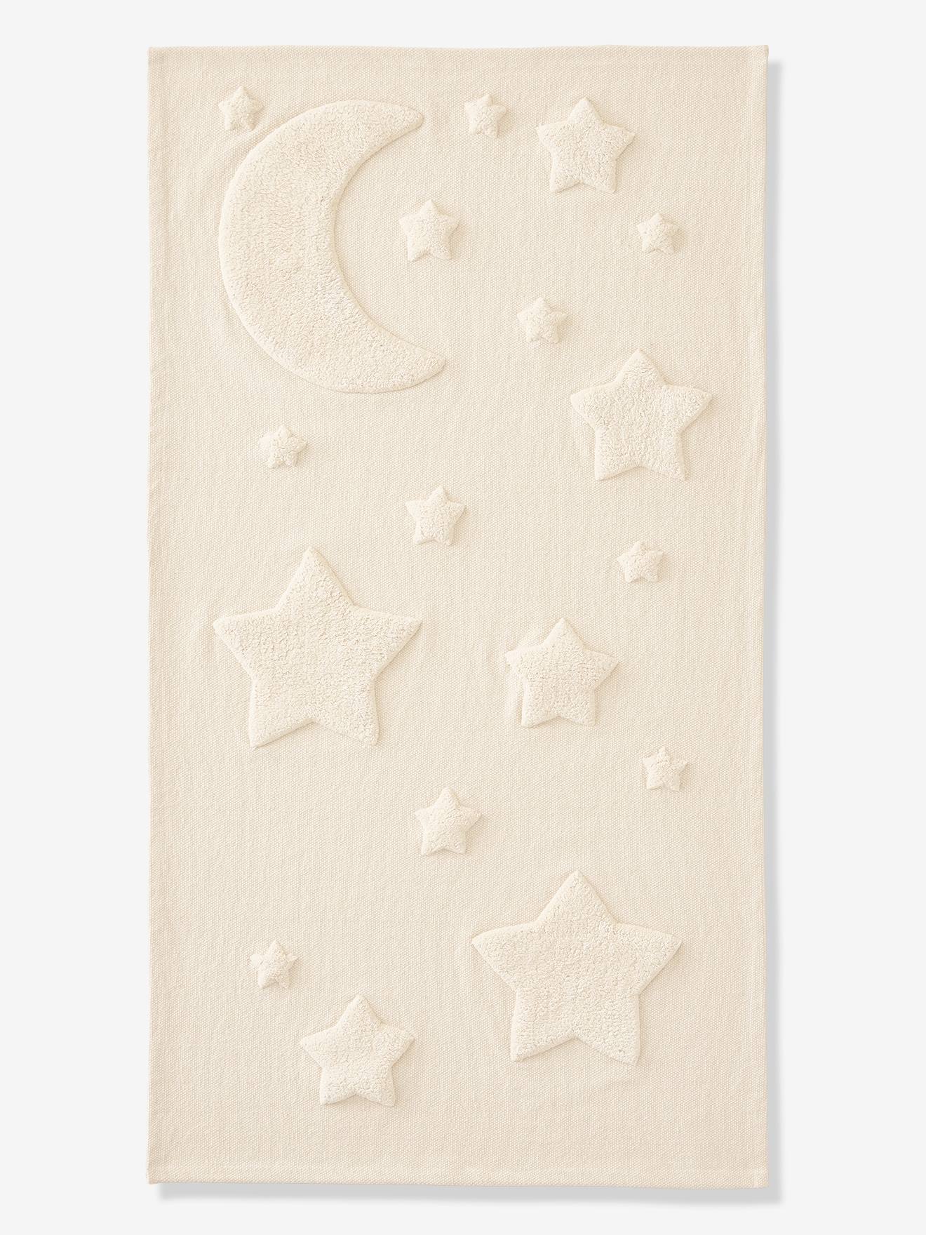 Rectangular Rug with Moon & Stars in Relief, Luna beige light solid with design