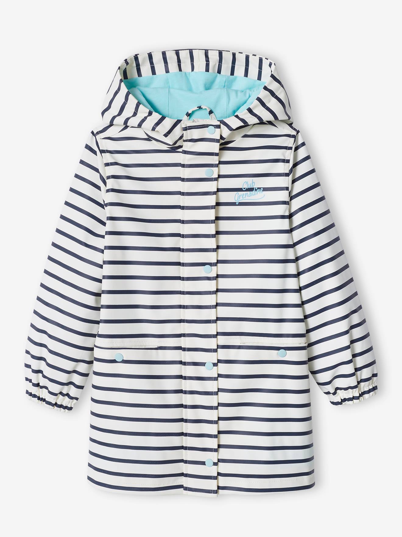 Floral Raincoat with Hood, for Girls striped navy blue