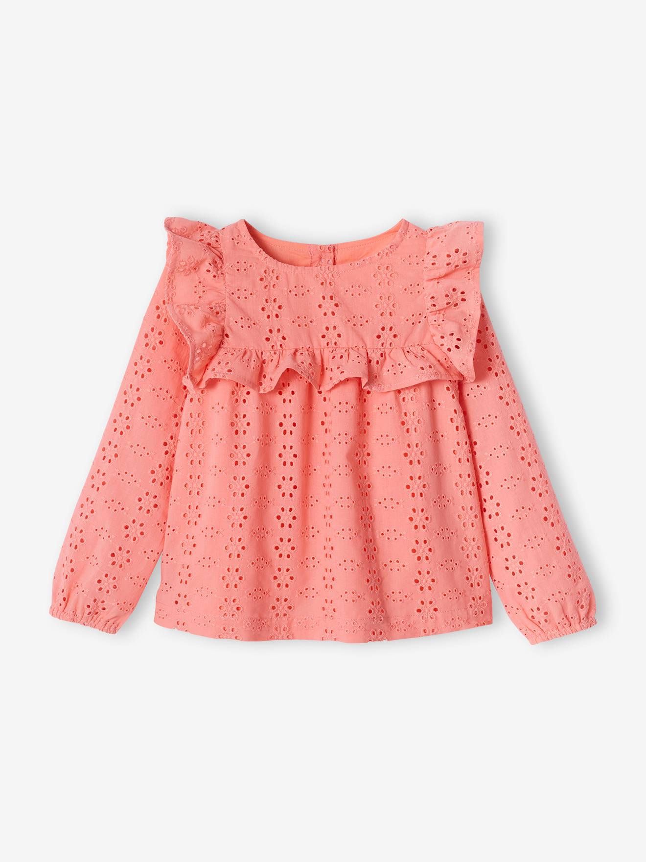 Blouse with Ruffles in Broderie Anglaise, for Girls coral