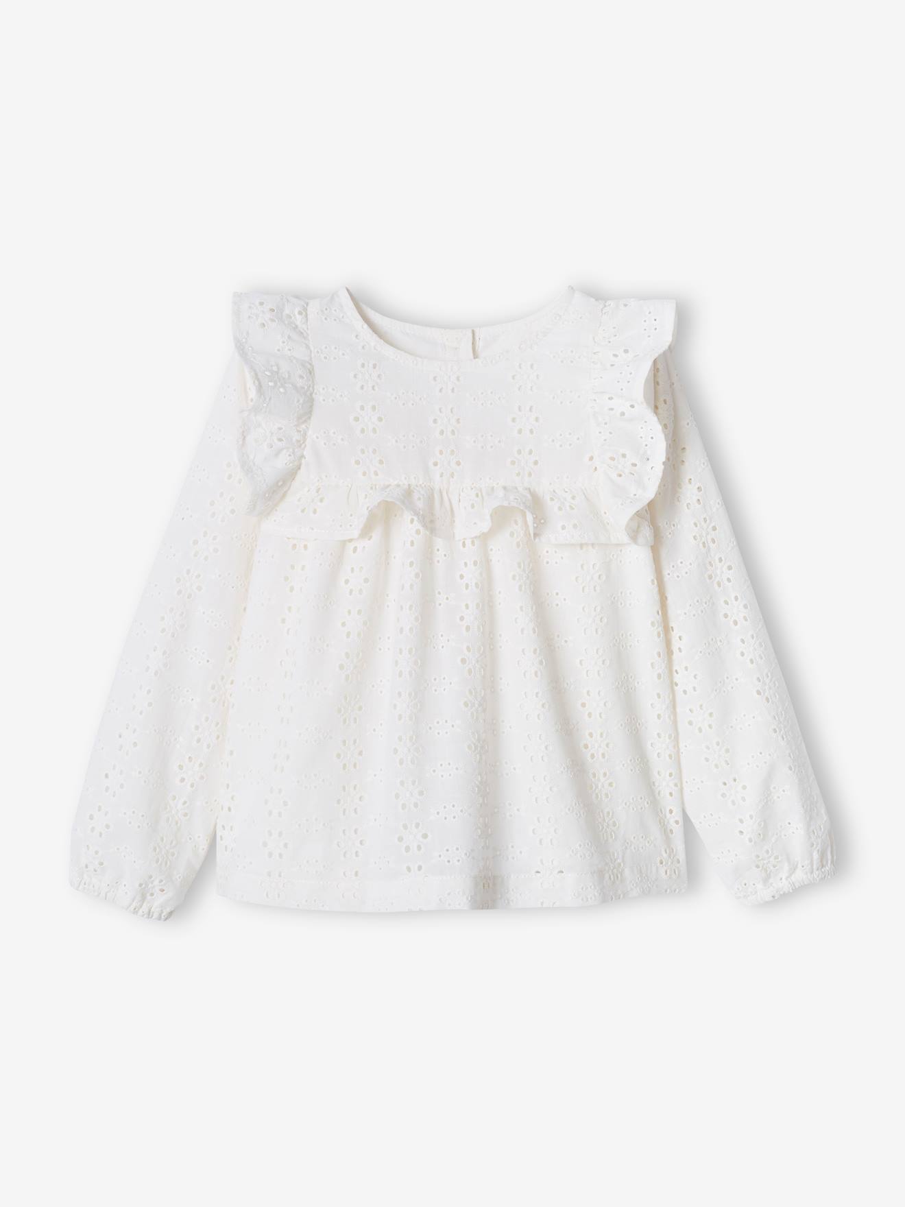 Blouse with Ruffles in Broderie Anglaise, for Girls ecru
