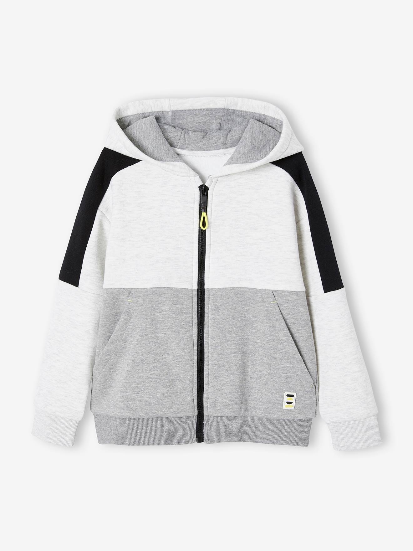 Sports Jacket with Zip & Hood, Colourblock Effect, for Boys marl grey