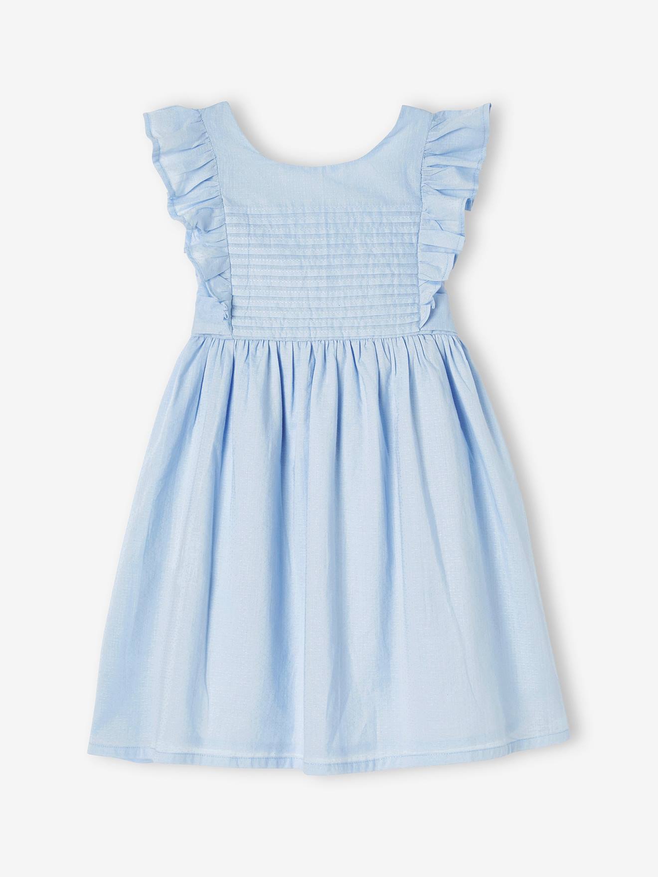 Occasion Wear Frilly Dress with Open Back for Girls sky blue
