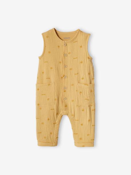 Jumpsuit for Newborn Baby Boys in Embroidered Cotton Gauze Beige+pale yellow 