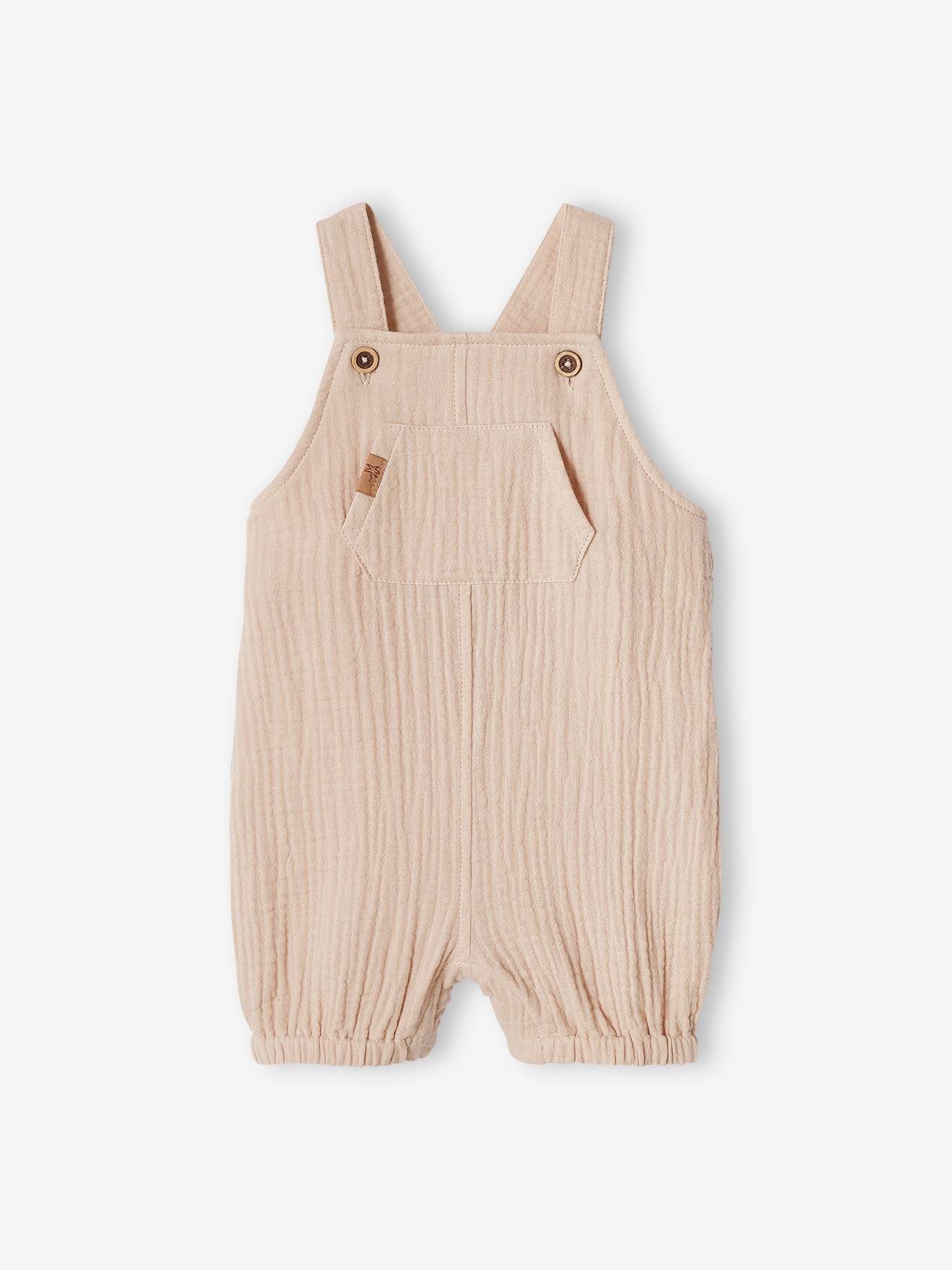 Cotton Gauze Dungarees, Lined, for Newborn Babies beige