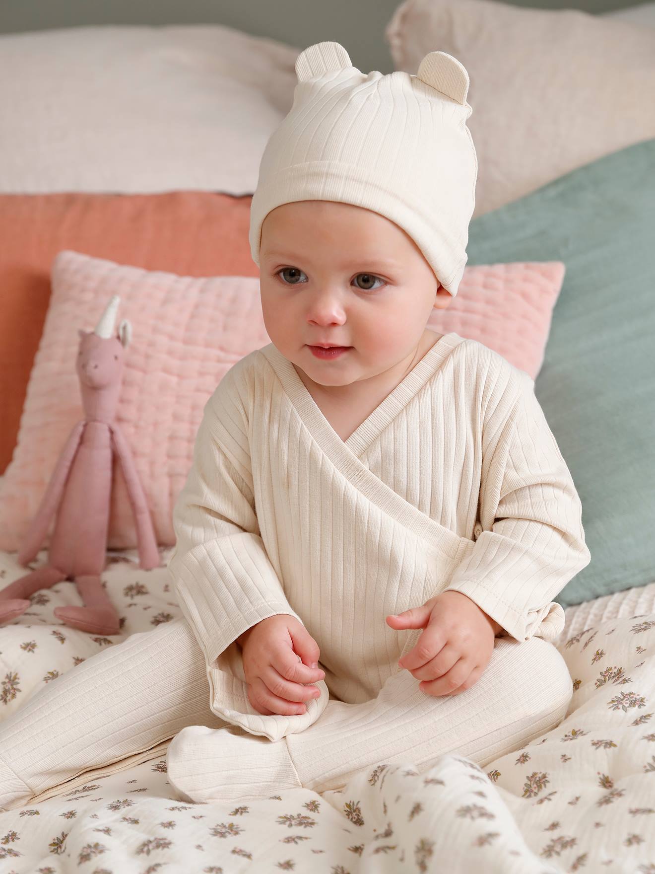 Rib Knit Jumpsuit & Beanie for Babies beige light solid