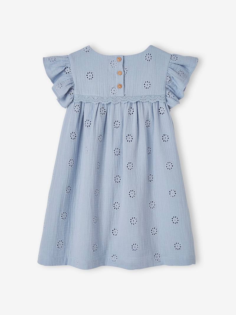 Cotton Gauze Dress with Embroidered Flowers, for Girls pale blue