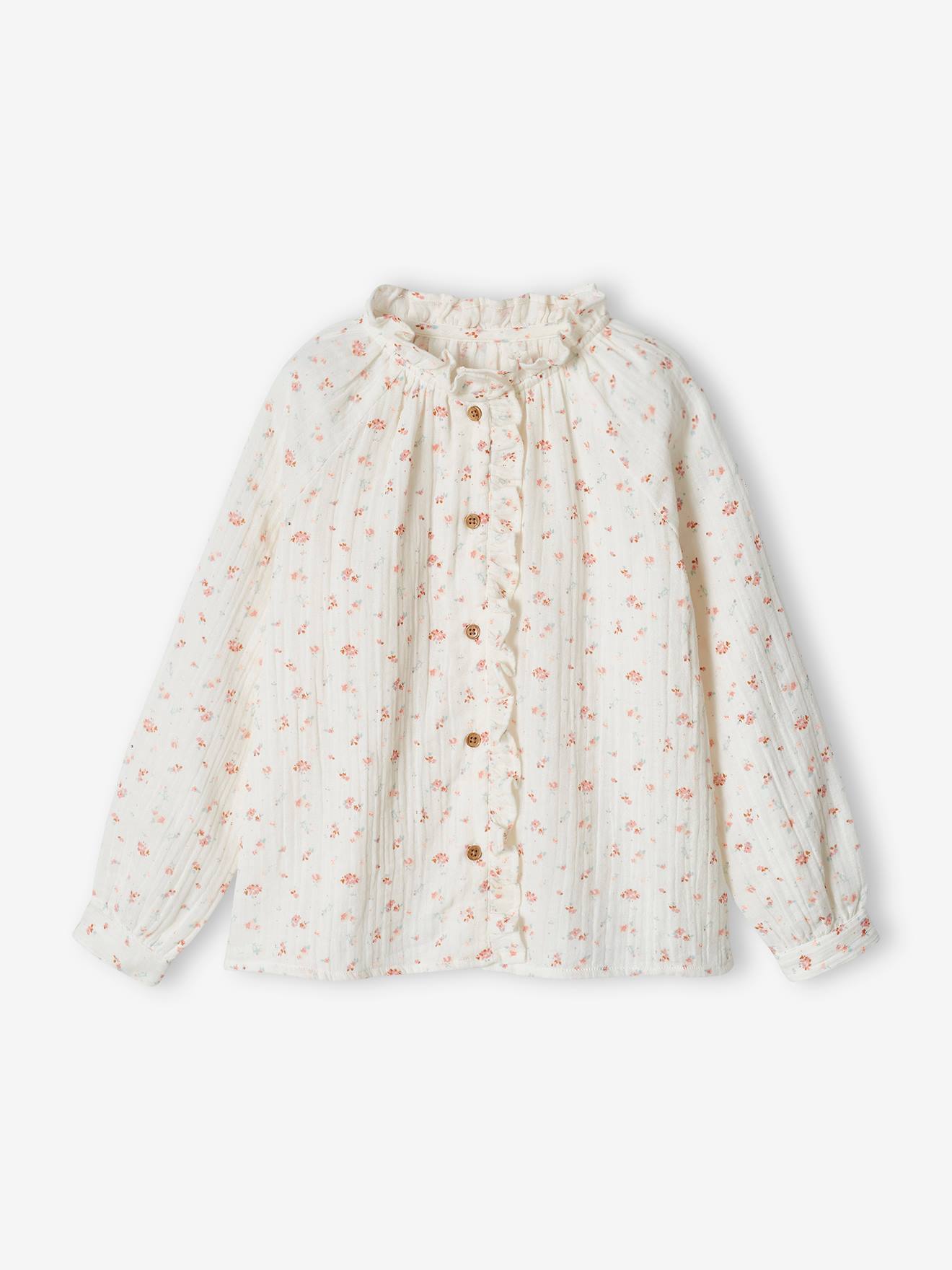 Blouse in Cotton Gauze with Ruffles & Floral Print, for Girls ecru