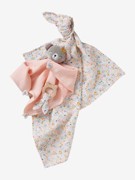 3-Piece Gift Box: Muslin Square + Soft Toy + Rattle - rose, Toys