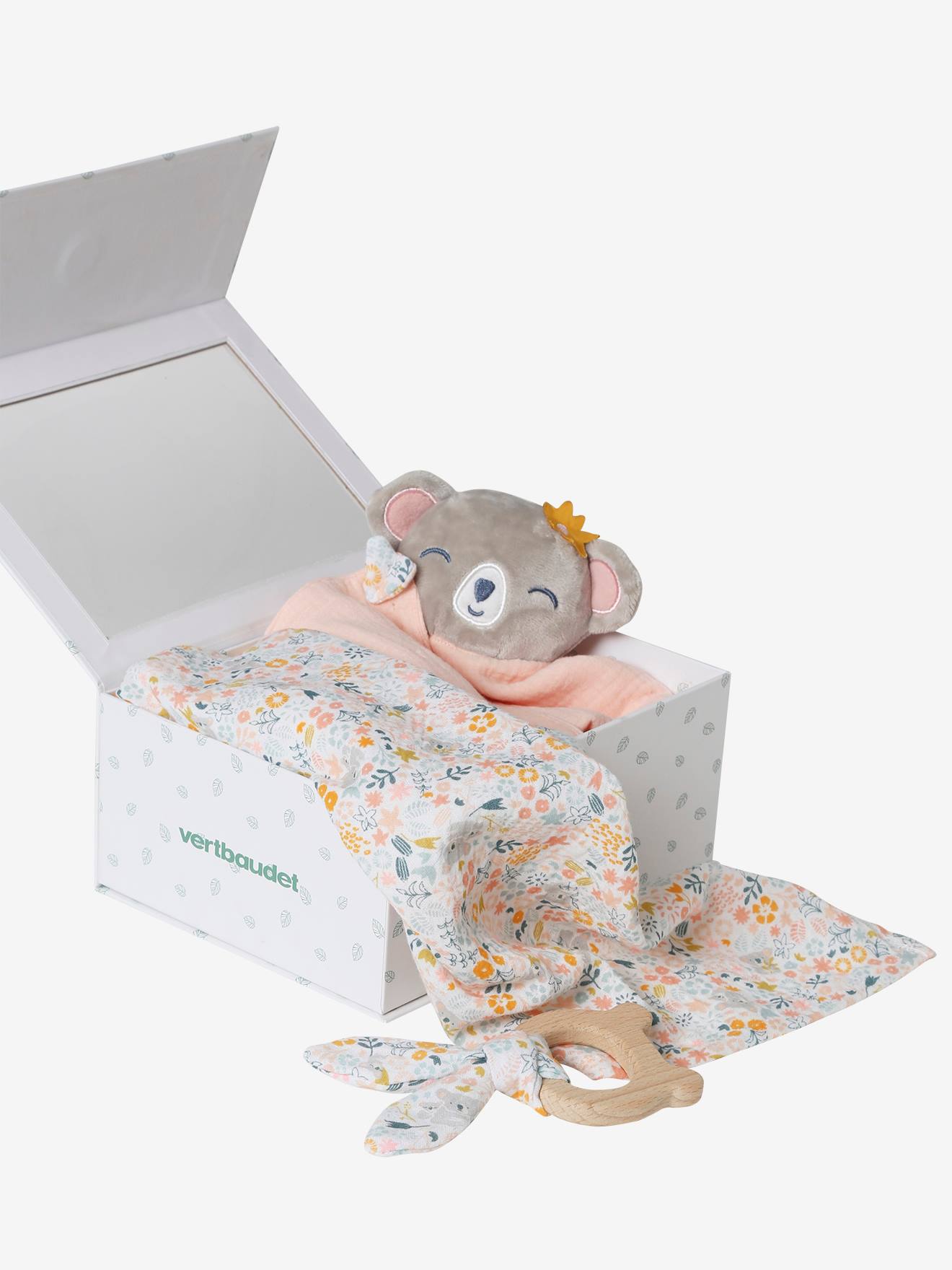 3-Piece Gift Box: Muslin Square + Soft Toy + Rattle rose