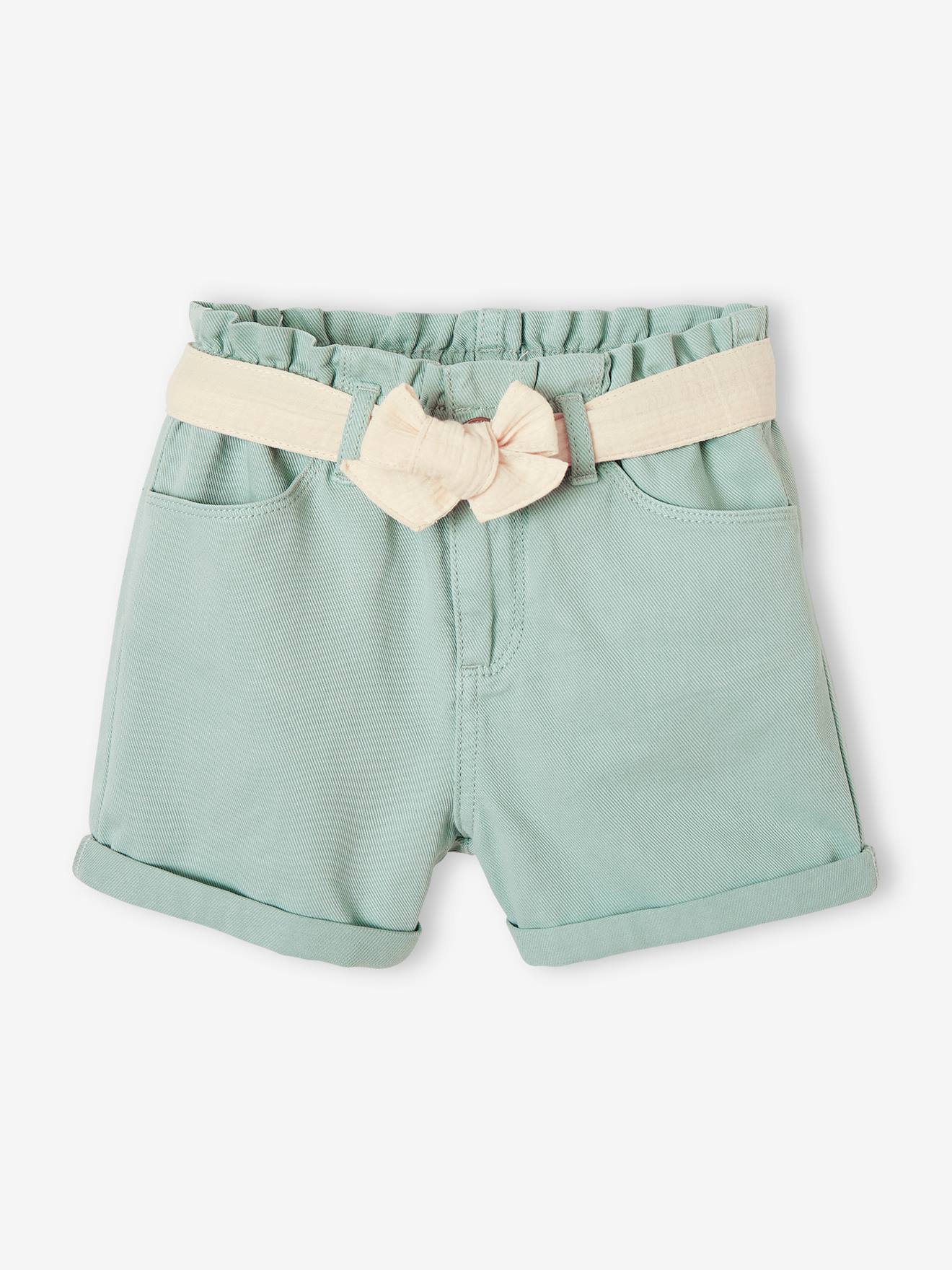 Paperbag Shorts in Cotton Gauze, with Belt, for Girls aqua green