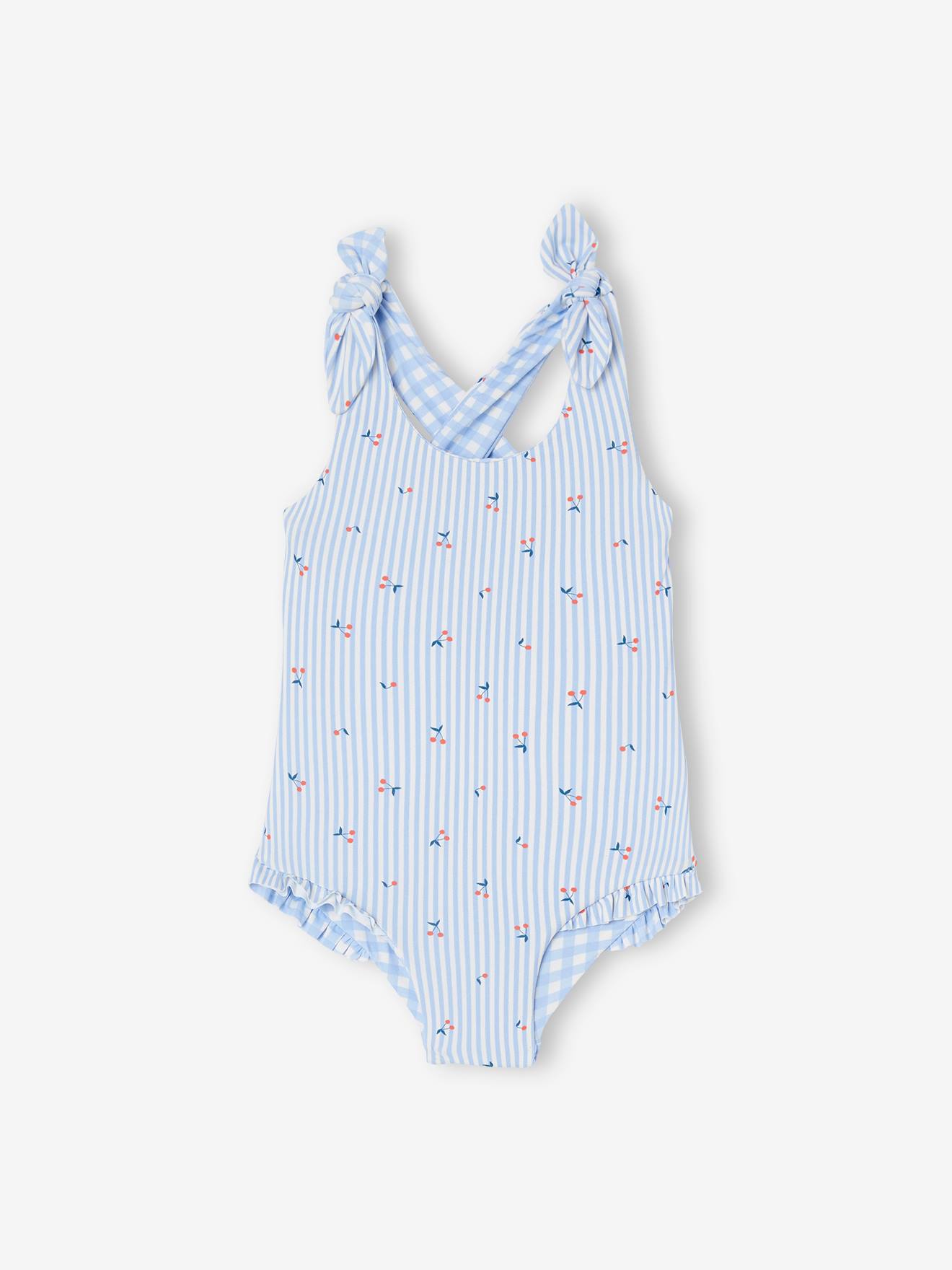 Reversible Swimsuit in Gingham/Stripes & Flowers for Baby Girls sky blue