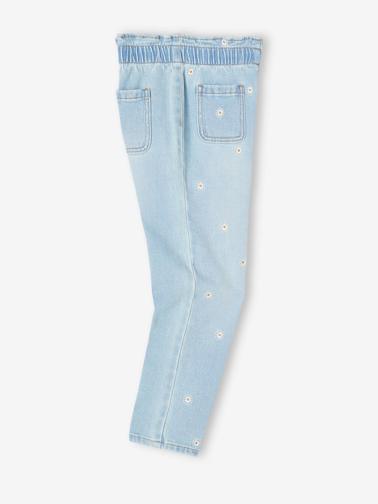 Paperbag Jeans, Embroidered Flowers, for Girls - denim blue