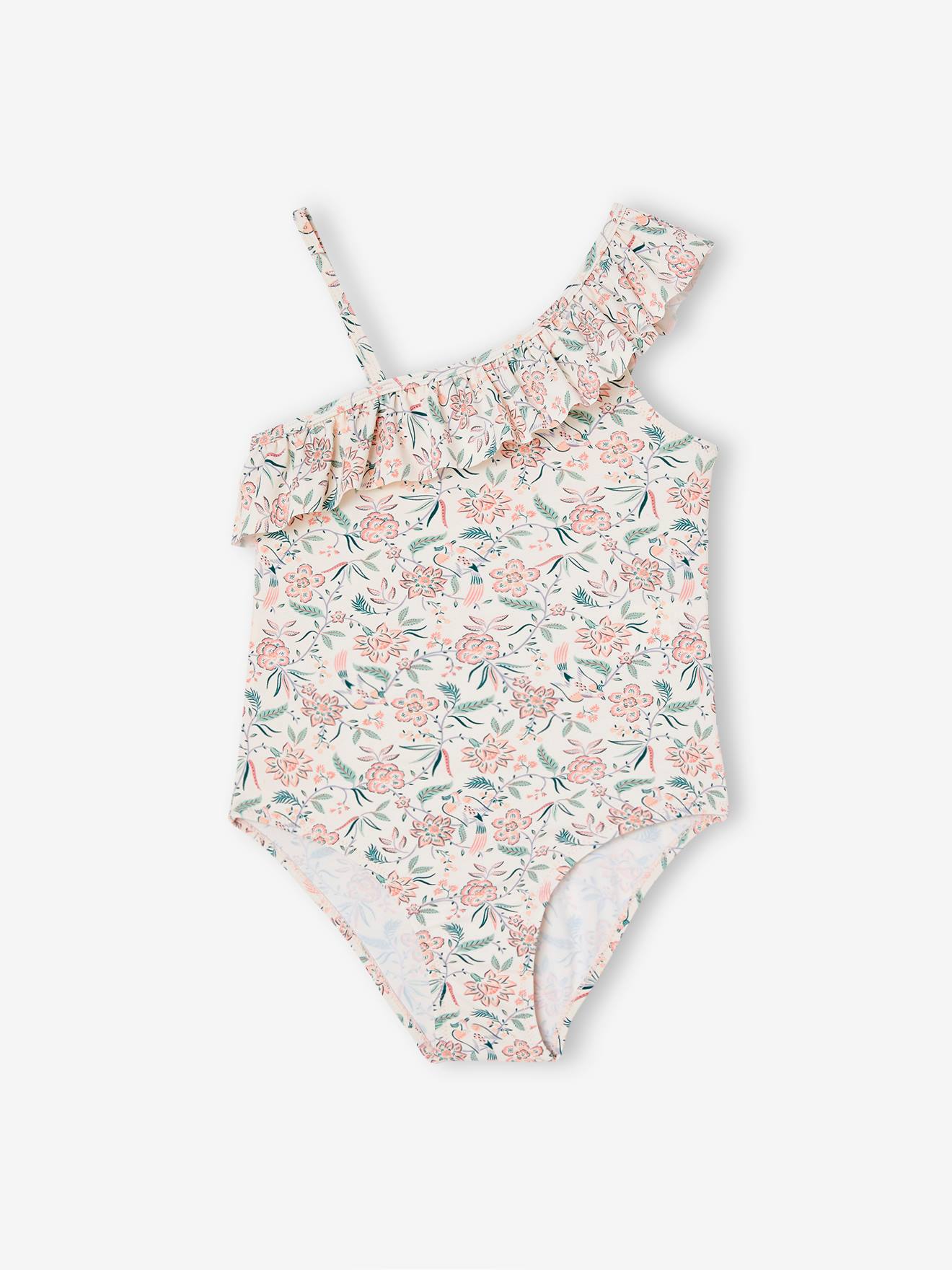 Printed, Asymmetric Swimsuit with Ruffle, for Girls peach
