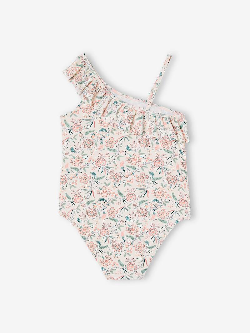 Printed, Asymmetric Swimsuit with Ruffle, for Girls - peach, Girls ...