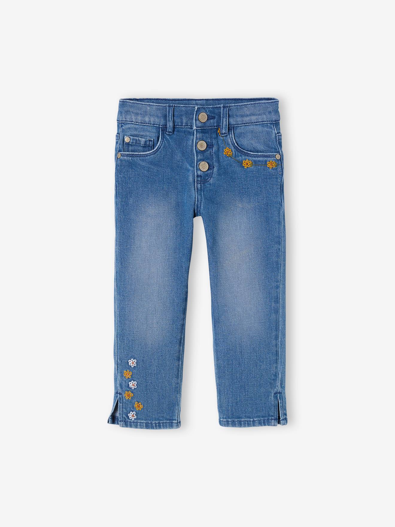 Cropped Denim Trousers with Embroidered Flowers