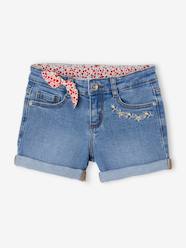 -Denim Shorts with Floral Print & Embroidered Bow, for Girls