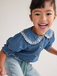 Girls-Short Sleeve Denim Shirt with Peter Pan Collar, for Girls