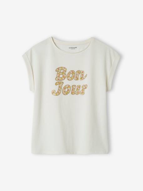 T-Shirt with Message in Flower Motifs for Girls coral+ecru+pale yellow+sky blue 