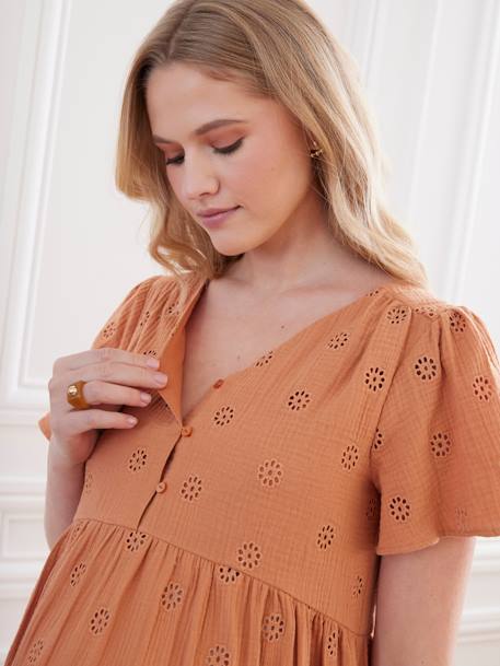 Embroidered Cotton Gauze Dress, Maternity & Nursing Special ecru+terracotta 