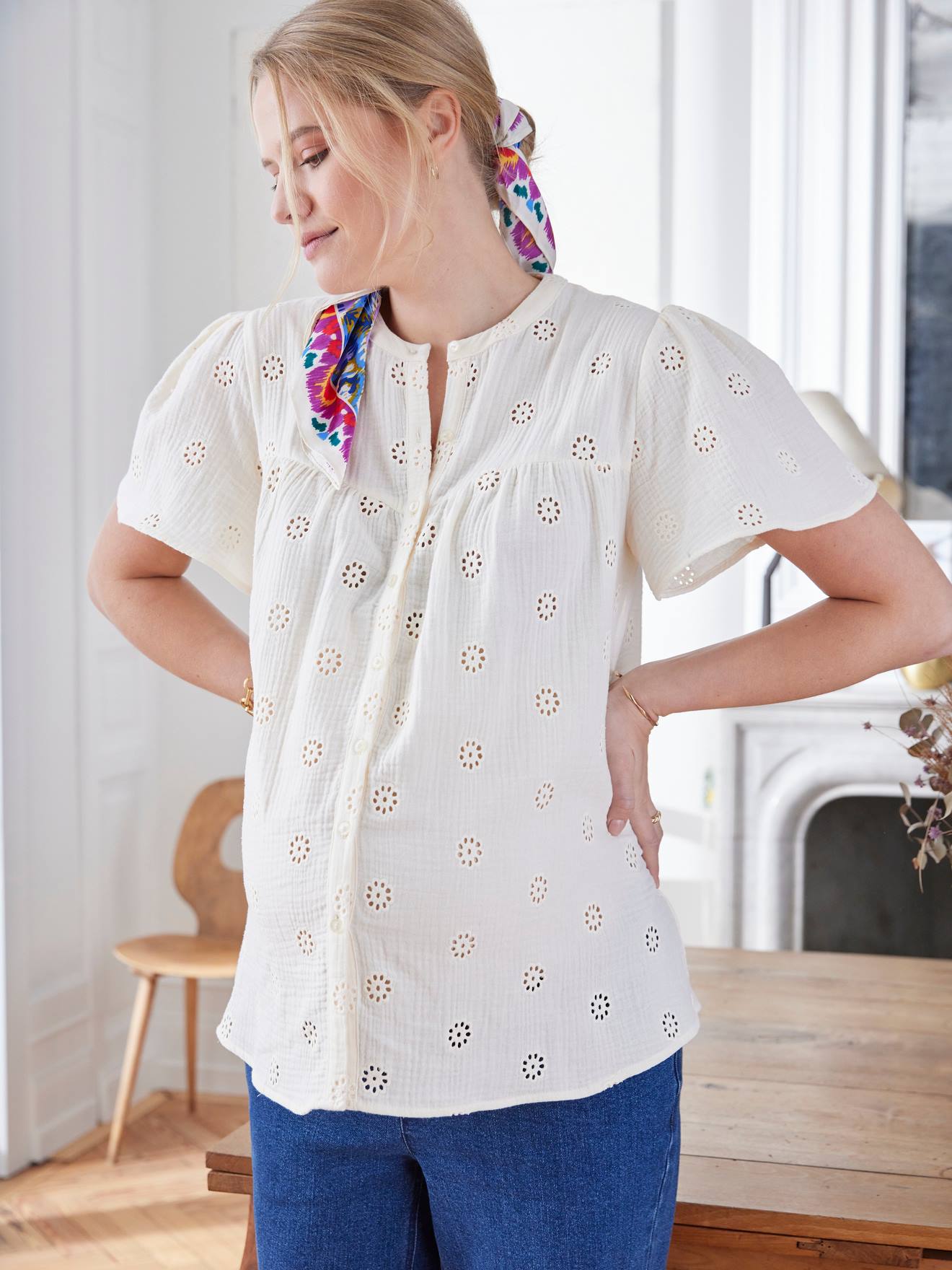 Embroidered Cotton Gauze Blouse, Maternity & Nursing Special ecru
