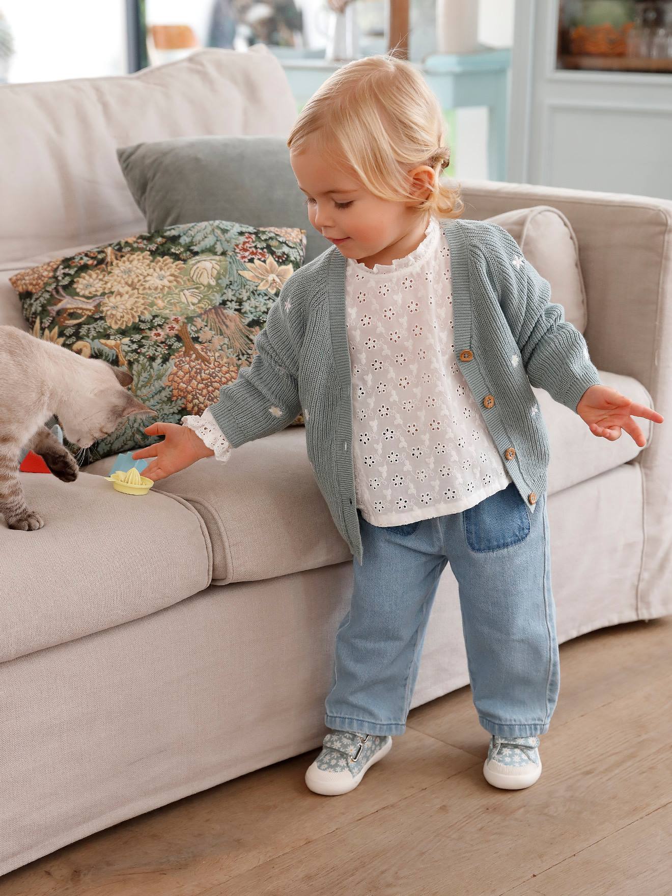VERTBAUDET Sweat Col Broderie Anglaise Bébé Marine 18M (81cm) - Confortable Et Stylé