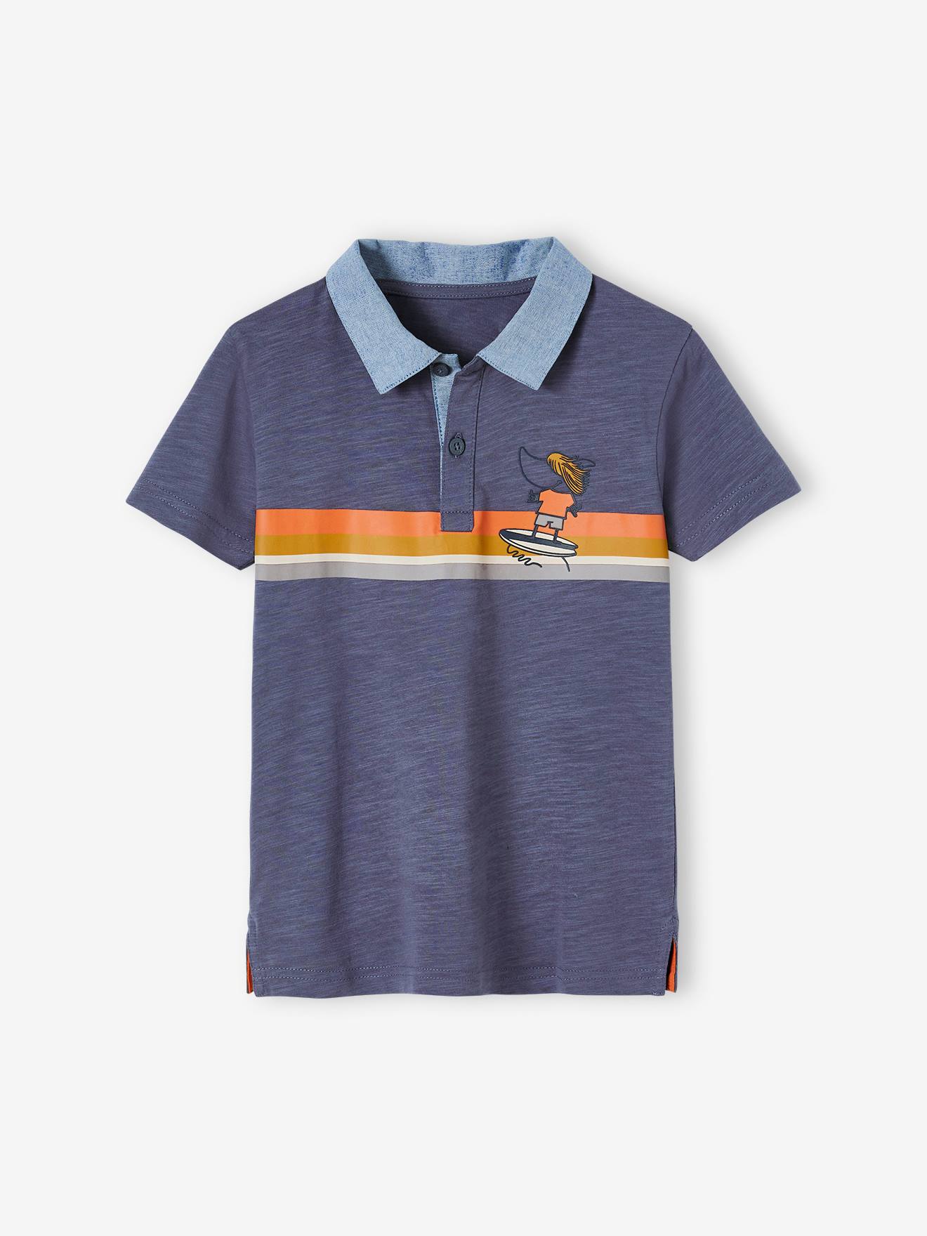 Striped Polo Shirt with Chambray Details for Boys slate blue