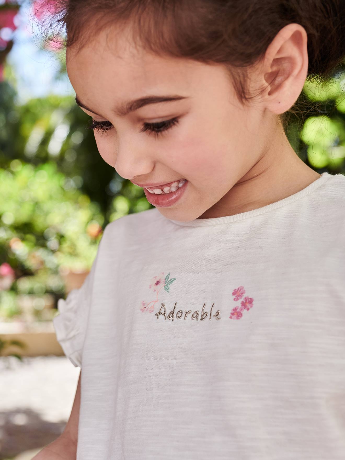Top with "Adorable" Embroidery & Smocked Short Sleeves ecru