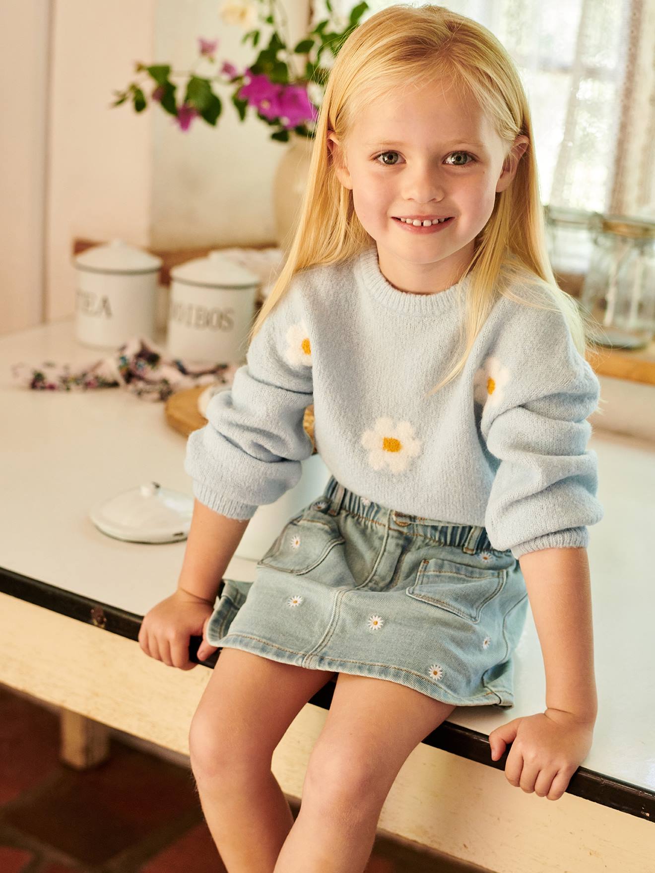 Denim Skirt with Floral Embroidery