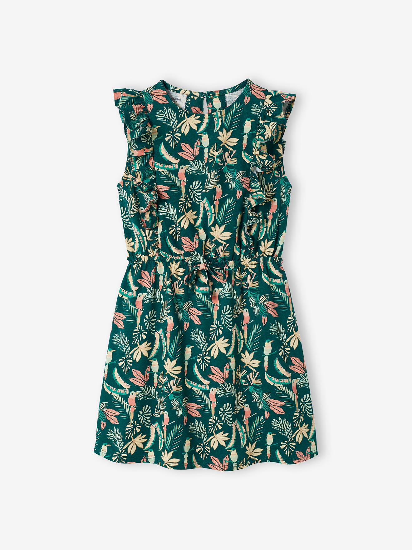 Printed Dress with Ruffles for Girls green dark all over printed