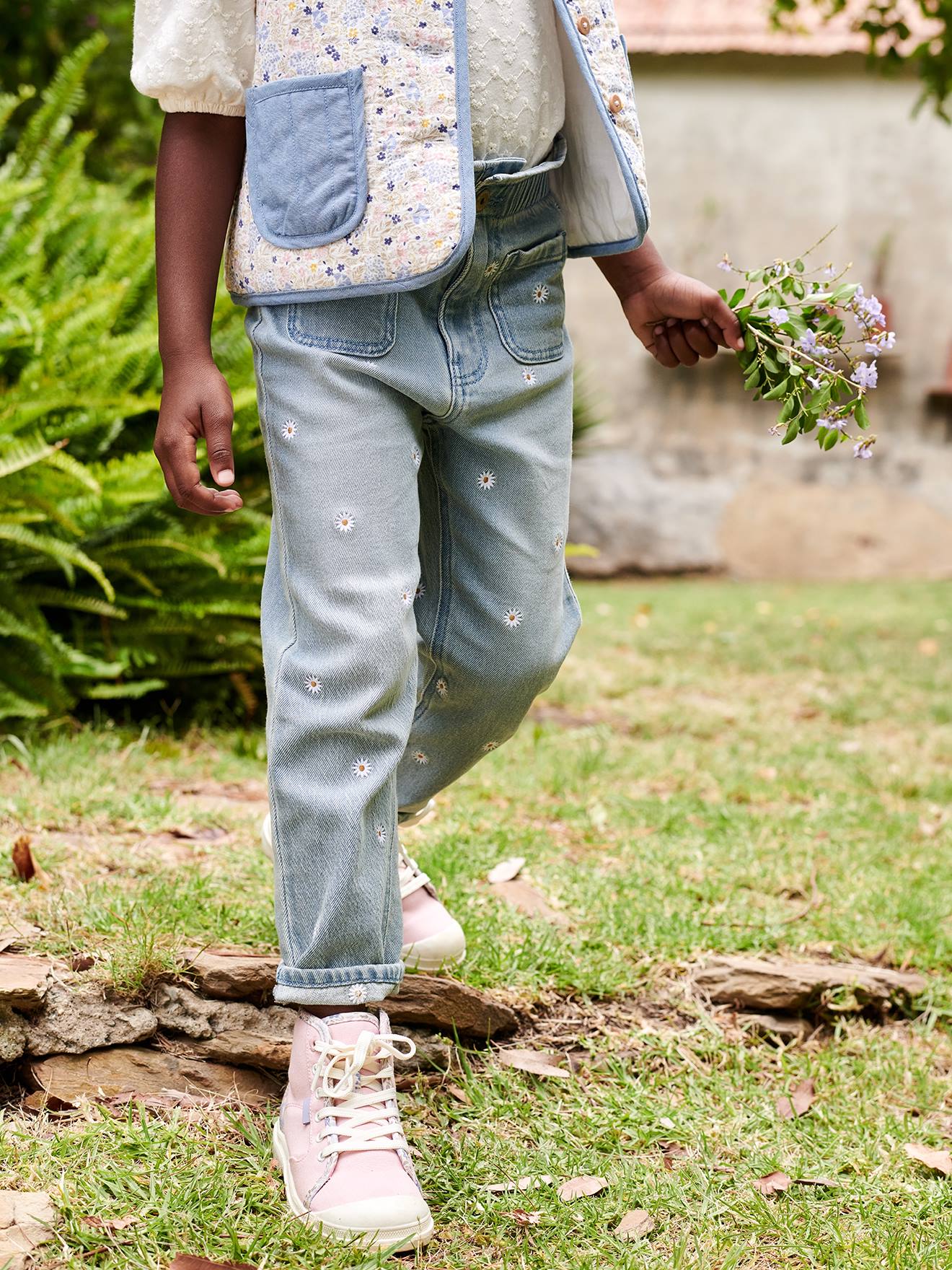 Paperbag Jeans, Embroidered Flowers, for Girls - denim blue