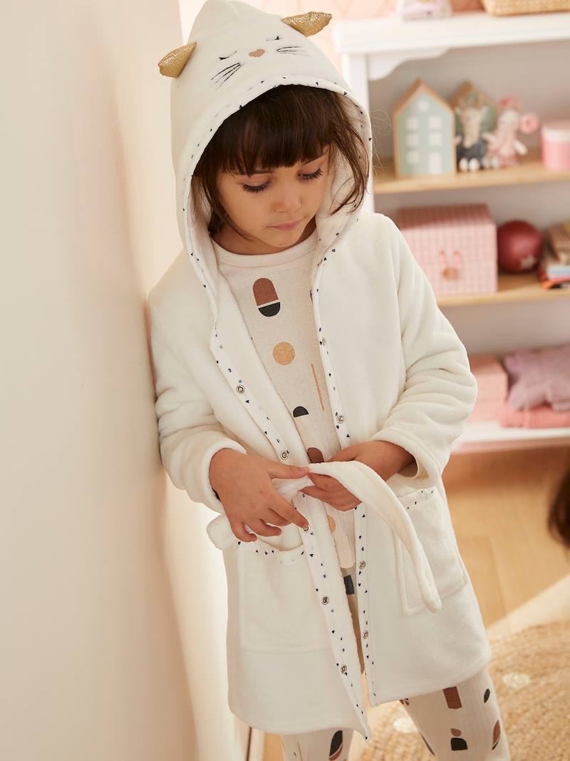 Cat Dressing Gown in Plush Fabric for Girls white light solid with