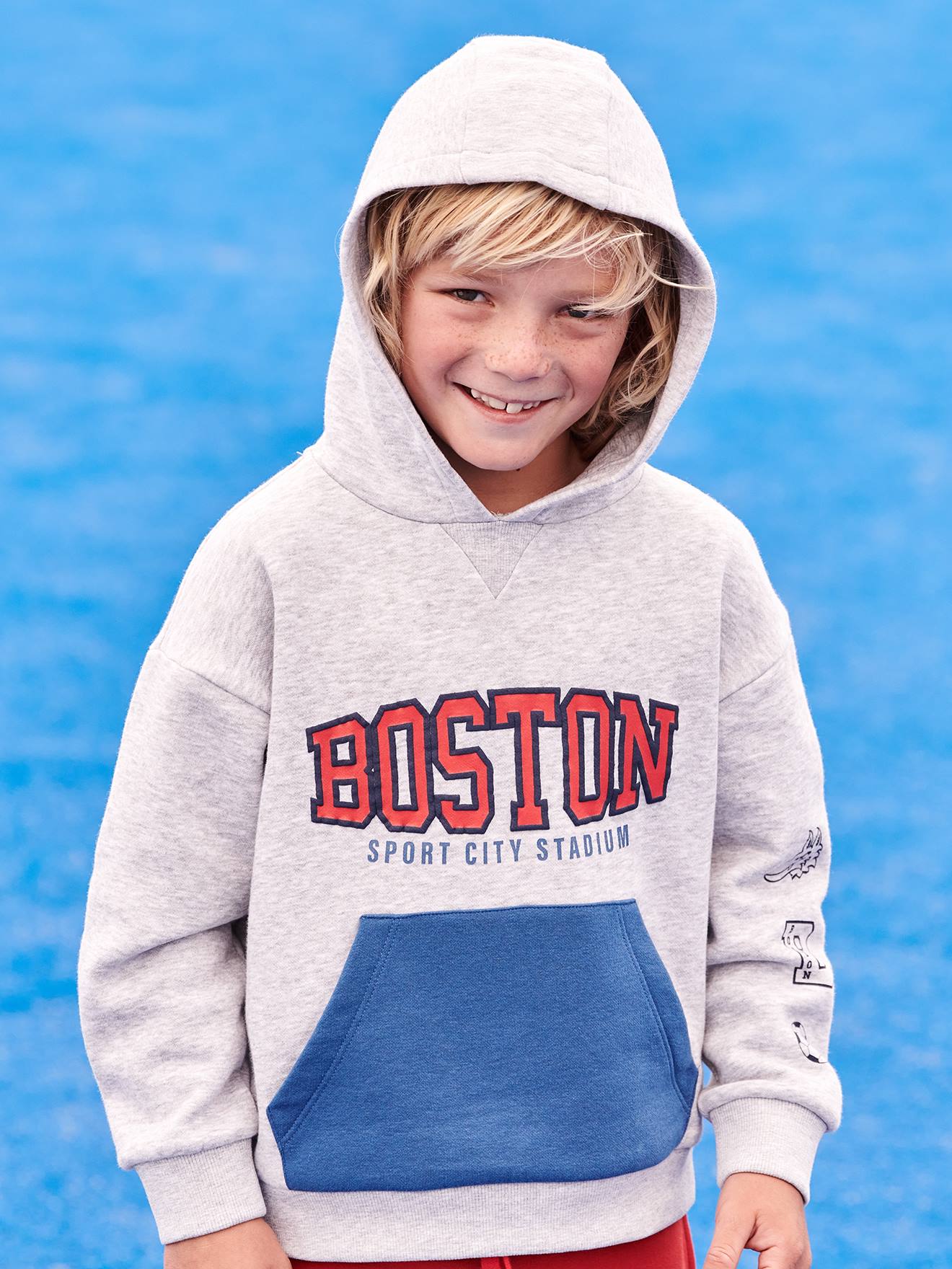 Sports Sweatshirt with Team Boston Motif for Boys marl grey