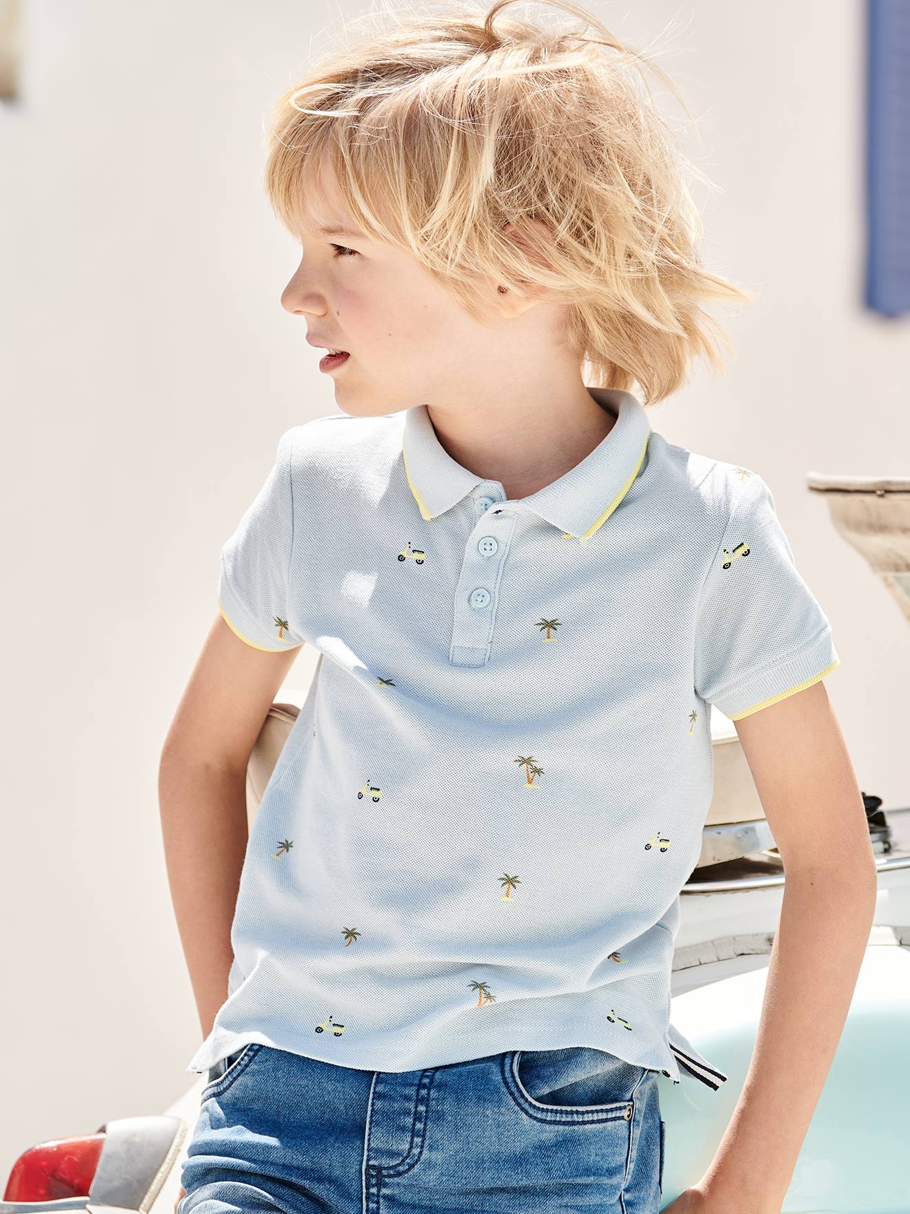 Printed Polo Shirt in Pique Knit for Boys printed blue