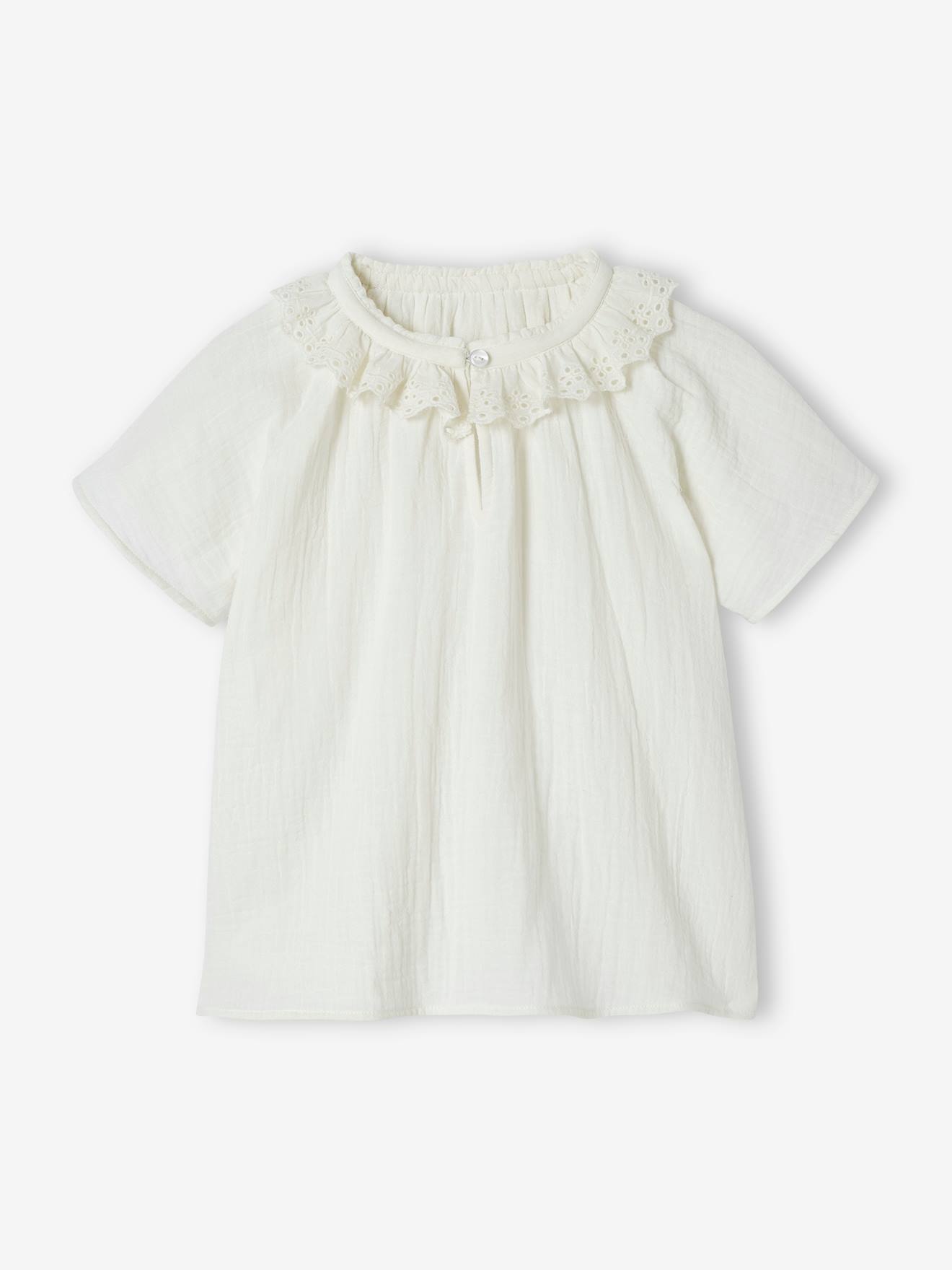 Cotton Gauze Blouse for Girls, Broderie Anglaise Collar ecru