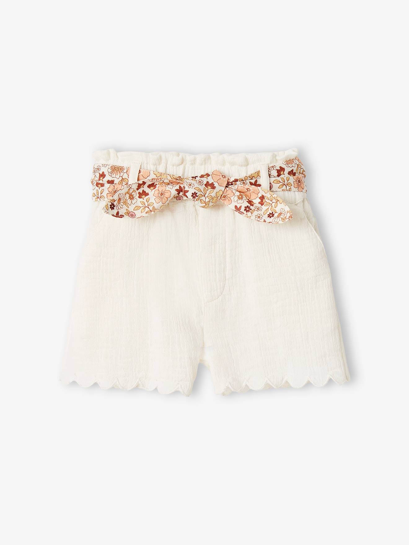 Cotton Gauze Shorts with Floral Belt for Babies ecru