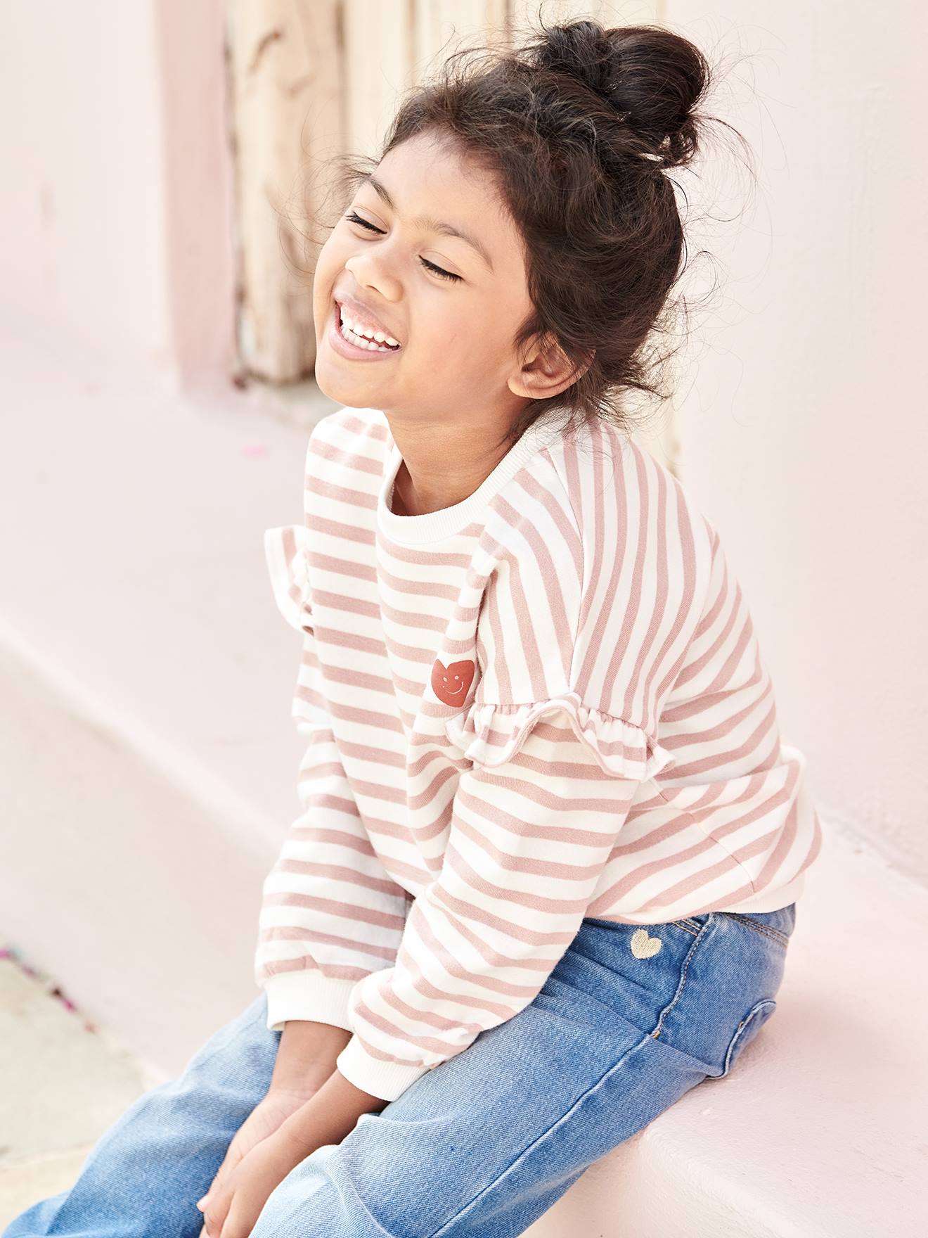 Sailor-type Sweatshirt with Ruffles on the Sleeves, for Girls striped pink