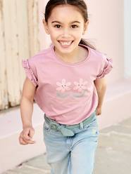 Girls-Tops-T-Shirt with Iridescent Motif & Short Ruffled Sleeves for Girls